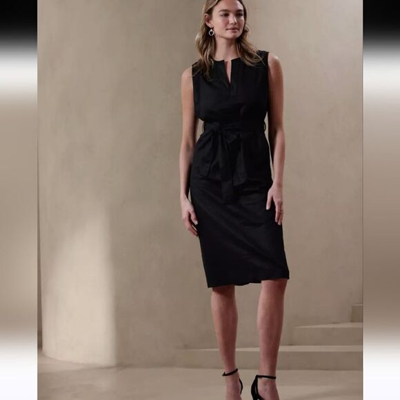 Banana Republic Linen Cotton Blend Black Sheath Midi Dress V-neck Sleeveless L - Picture 2 of 9
